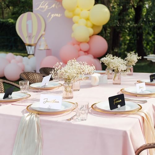 UNIQOOO 24Pcs Decorative Pearl Place Card Holders w/Black White Cards, Elegant Men&Women Name Card Stands Set, for Wedding Event Table place Cards, Retail Shop, Business Card, Party Food Signs