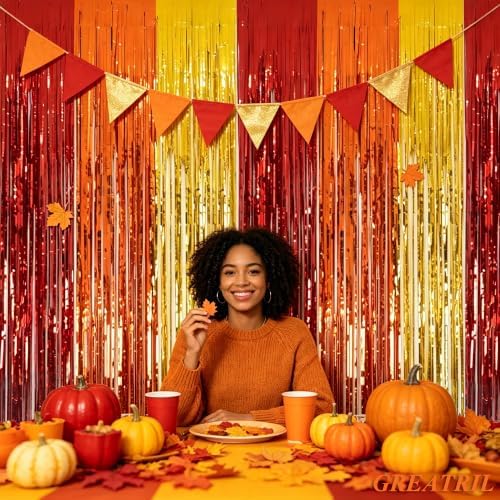 Red Orange Gold Foil Fringe Backdrop for Fall Decoration 2 Packs