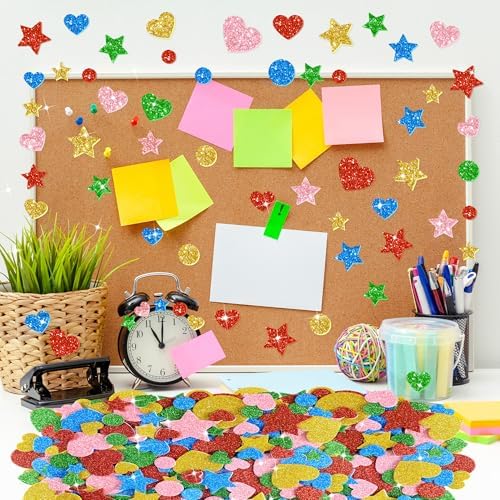 855Pcs Foam Stickers Glitter 3D Star Foam Shapes Stickers Self Adhesive Circle Star Heart Foam Stickers for DIY Crafts Scrapbooking Classroom Arts Project Home Theme Party Decor(Heart&Star&Circle)