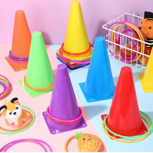 Leyndo 52 Pcs Ring Toss Game Set 12 Plastic Training Cones 40 Toss Rings for Carnival Party Backyard Indoor Outdoor Games