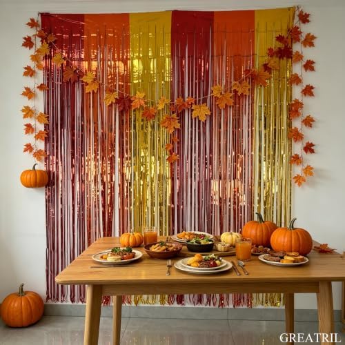 Red Orange Gold Foil Fringe Backdrop for Fall Decoration 2 Packs