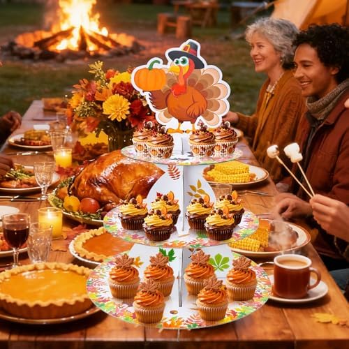 Gistome 3-Tier Thanksgiving Turkey Cupcake Stand – Autumn Harvest Dessert Display Holder for Fall Party Table, Friendsgiving, and Thanksgiving Decorations