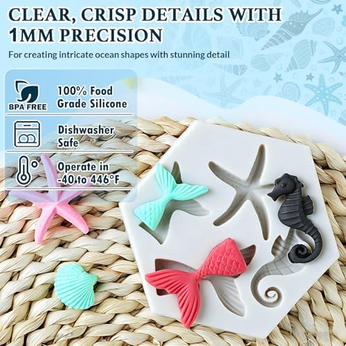 HKNMTT Marine Themed Silicone Mold for Polymer Clay Fondant, Seashell Mermaid Tail Starfish Ocean Seahorse Air Dry Clay Craft Cake Decor Wax Melt Chocolate Candy Mould DIY Cupcake Toppers BPA Free