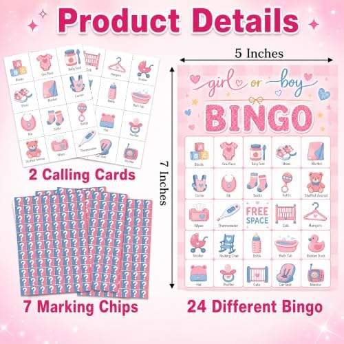 Baby Shower Bingo Game Cards, 24 Player Gender Reveal Party Game
