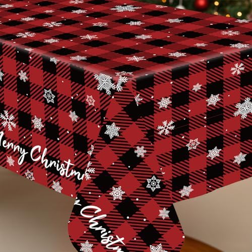 8 Pack Christmas Red Checkered Snowflake Plastic Tablecloth 54" x 108" Disposable Christmas Table Cloths for 6 to 8 Foot Tables Rectangle Table Cover for Parties (Red Checkered Snowflake, Rectangle)