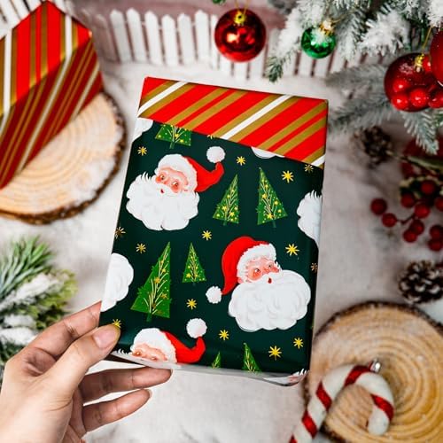 Yarcony Reversible Christmas Wrapping Paper, Green Santa Wrapping Paper, Funny Santa Claus, Tree, Stripe Pattern Christmas Gift Wrap With Metallic Foil Shine for Holiday (Mini Roll, 17 Inch X 33 Feet)