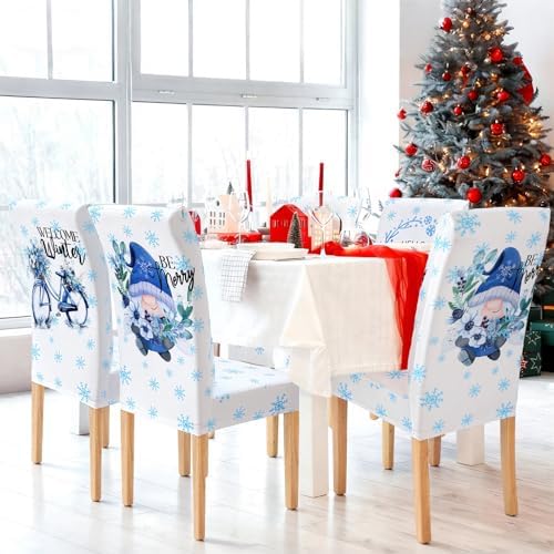 Mindsoft 6 Pcs Winter Chair Covers Dining Protector Removable Washable Stretch Christmas Blue White Gnome Snowflake Slipcovers for Winter Xmas Hotel Party Wedding Holiday Decor