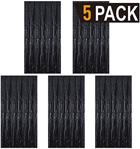 GOER 3.2 ft x 9.8 ft Metallic Tinsel Foil Fringe Curtains Party Photo Backdrop Party Streamers for Halloween,Birthday,Graduation,New Year Eve Decorations Wedding Decor (5 Packs,Black)