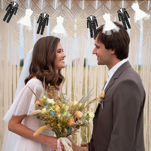 Bride and Groom Wedding Dress Garland Banner, 9.8 Ft Hanging Tuxedo and Gown with Gold Glitter Ring Cutout for Engagement Party, Bridal Shower, Bachelorette, Wedding Reception Decorations