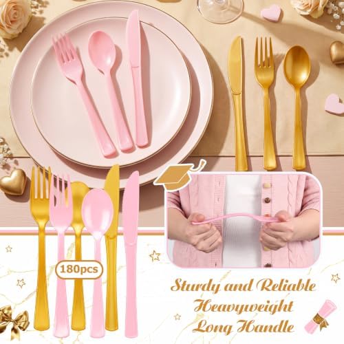 Minatee 180 Pcs Pearlescent Gold Pink Plastic Silverware Heavy Duty Cutlery Sets Disposable Utensils for Holiday Birthday Themed Party Supplies, 60 of Each Forks Knives Spoons