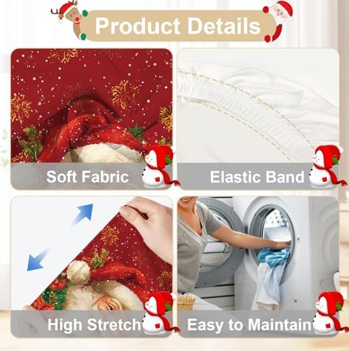 Christmas Chair Covers Set of 4, Santa Claus Dining Chair Slipcovers with Poinsettia Flowers and “Merry Christmas” for Holiday Décor
