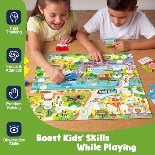 Town Search Board Games, Family Games for Kids Ages 5 6 7 8-12, 2-4 Players, Educational Board Game for Boys Girls 5+, Back to School Gifts for Classroom & Family Nights & Parties