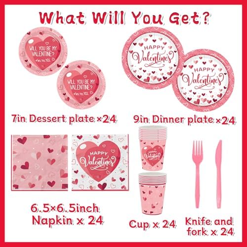 Valentines Day Plates and Napkins Sets,144pcs Valentines Party Decor Tableware Include Plates Napkins Cups Forks Knives for Valentine Party Supplies,Serves 24