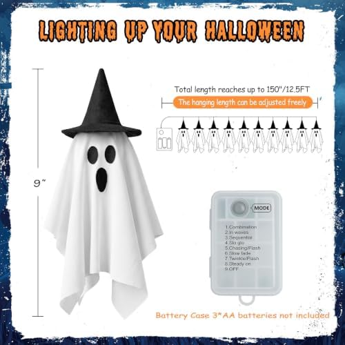 Halloween Ghost Decor 12.5 FT Halloween Ghost String Lights with Hats