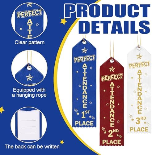 Thiccywoov 90 Pcs Perfect Attendance Ribbons for 1st, 2nd, 3rd Place, 8" x 2" Perfect Attendance Award Ribbons with Event Card and String for Competition Contests School Office Team Contest Ornaments