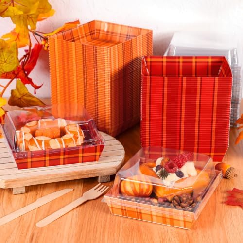 Whaline 100 Set Fall Small Charcuterie Boxes with Clear Lids Forks Knives Buffalo Plaid Mini Dessert Box Disposable Food Container for Autumn Harvest Thanksgiving Wedding Birthday Party Supplies