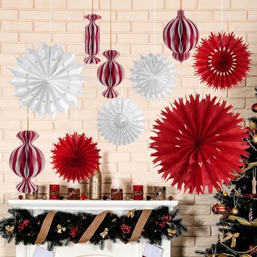 Red and White Christmas Decorations Set, 11Pcs 3D Candy Paper Honeycomb Ornaments Paper Snowflake Fans, Decorative Hanging Lantern Ornaments for Xmas Tree Winter New Year Holiday Party Home Decor