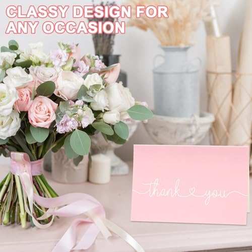 Teling 200 Set Thank You Cards with Envelopes Bulk, 6 x 4 Inch Blank Thank U Greeting Notes with Brown Kraft Envelopes Stickers Thankyou Card Set for Graduation Wedding Birthday Baby Shower(Pink)
