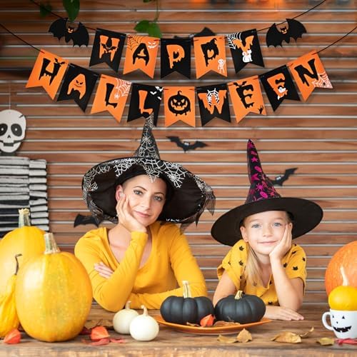 AhfuLife Happy Halloween Banner, Halloween Garland Bunting Decorations Sign for Indoor Outdoor Home Party Supplies
