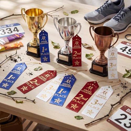 Thiccywoov 90 Pcs Cross County Ribbons for 1st, 2nd, 3rd Place, 8" x 2" Cross County Award Ribbons with Event Card and String for Sports Event, Competition Prize Gift, Contest Ornaments