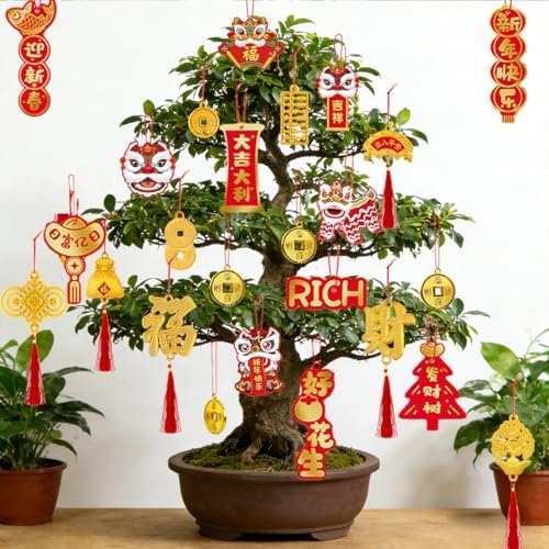KYMY Chinese New Year Hanging Ornaments Set – 59pcs Red & Gold Lucky Decorations with Coins, Fu Charms & Lanterns, 2026 Zodiac Horse Year Spring Festival Pendants for Tree, Branch & Home Decor