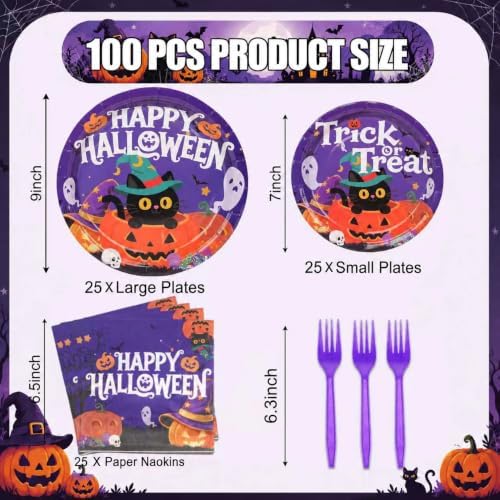 100 Pcs Purper Halloween Plates and Napkins Set Party Supplies Serve 25