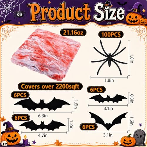 2200 Sqft Bloody Halloween Spider Web Decor with 100 Fake Spiders 24 Bats