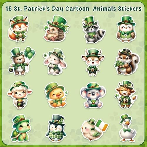 H1vojoxo St. Patrick's Day Sticker Rolls - 1000PCS Shamrock Irish Cute Cartoon Stickers for Kids 16 Design St. Patrick's Cute Animal Sticker for Craft St. Patrick Cartoon Animal Stickers for Envelope