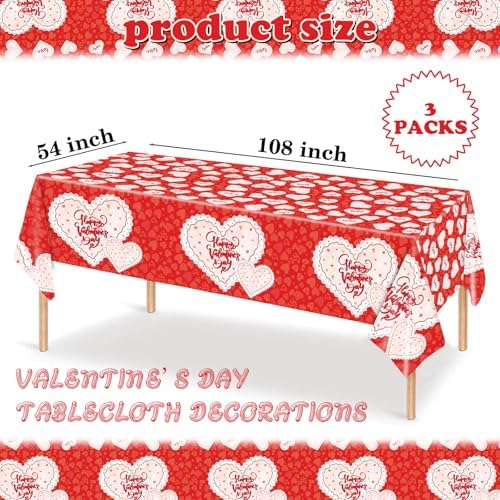 Valentines Day Tablecloth, Classic Red and White Lace-Heart Plastic Rectangle Disposable Valentine Tablecloth, Valentines Decorations for Party, Romantic Valentines Decor 54 x 108 Inch, 3 Pack