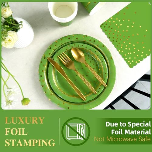168Pcs Green and Gold Paper Plates and Napkins Party Supplies for 24 Guest
