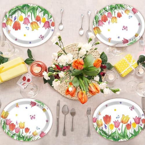 Qyeahkj 50 Pcs Spring Tulip Oval Paper Plates Large 11” Disposable Tulip Flower Party Decorations Floral Supplies Favor for Easter Picnic Spring Summer Birthday Butterflies Party Tableware Set