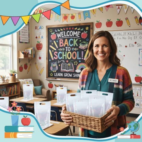 Engrowtic 100 Pcs Back to School Teacher Gift Bags Teacher Appreciation Gift Bags Bulk Resealable Plastic Notebook Line Treat Pouches for First Day of School Retirement Party Favors Supplies