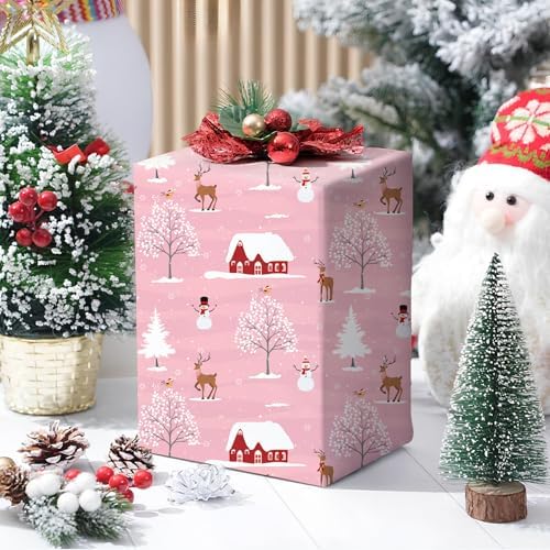 Cuitpan Pink Christmas Wrapping Paper - Xmas Gift Wrap with Snowy Houses, Reindeer, Snowmen & Trees Design - Perfect for Kids & Adults Gift Wrapping - 40×28 Inches, 4 Folded Sheets