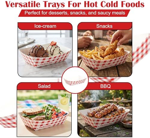 Perfect Stix- 2 lb Checkered Paper Food Trays – Pack of 50 – Disposable Red Check Food Boats for Fries, Burgers, Hot Dogs & Concession Snacks – Grease Resistant Food Service Tray