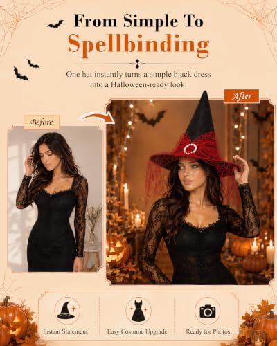 Edoneery Halloween Witch Hat for Women, Mesh Lace Cosplay Costume Accessory