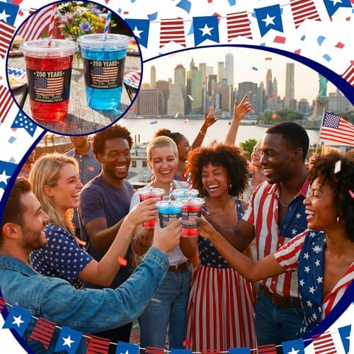 FillTouch 50 Pcs 250th 4th of July Cups USA Anniversary Party Supplies America Patriotic Red White Blue 250 Fourth of July Disposable Cups for Independence Day Items US Memorial Party Decoration
