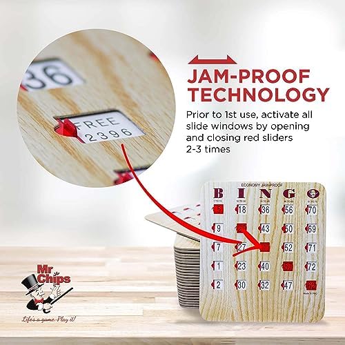 MR CHIPS Jam-Proof Bingo Cards with Sliding Windows, 25 Reusable Shutter Cards, 75 Calling Cards 1 Master Board in Tan Woodgrain Style