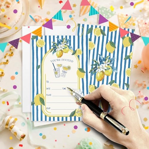 AEHIE 20 Sets Mediterranean Lemon Party Invitations With Envelopes, Summer Lemon Blue and White Striped Party Invitations Invite Cards for Women Ladies Adults