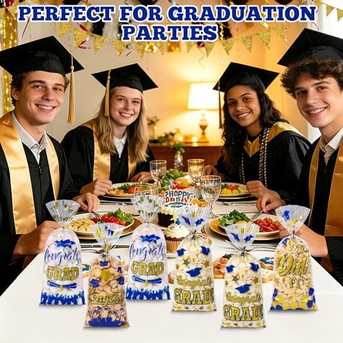 QOIUSO 100 PCS Graduation Cellophane Treat Bags - Congrats Graduates Candy Plastic Clear Goodies Wrapping Bags with 110 PCS Twist Ties for Graduation Day Grad Party Supplies
