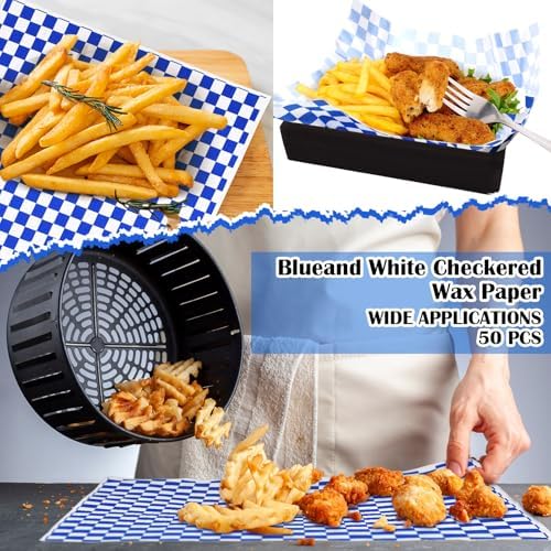 Geosar 100 Pcs Gingham Paper Food Tray with Wax Paper,Blue White