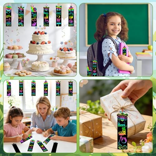 JUNEBRUSHS Spring Scratch Bookmarks, 30PCS Crafts for Kids DIY Rainbow Scratch Art, Spring Activities for Kids Art Project with 6 Designs, 30 Strings and 12 Sticks