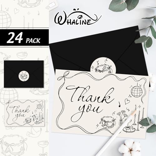 Whaline 24 Pack Wedding Thank You Cards Boxed Black Bow Greeting Note Cards Cake Disco Ball Flower Reception Card with Envelope Sticker for Bridal Shower Baby Shower Birthday Party