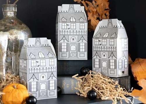 My Mind's Eye Halloween Haunted House Gable Treat Boxes 12 Pack – Spooky Party Favor Boxes for Candy Snacks Decorations – 7" x 2.5" x 5.5" Halloween Party Supplies for Kids Adults