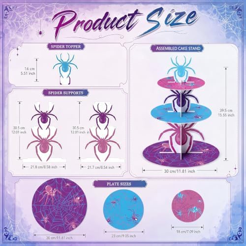 3 Tier Spider Cupcake Stand Decoration Pink Spider Cupcake Tower Purple Blue Spiderweb Table Decoration Hero Theme Dessert Holder Table Display for Hero Birthday Party Baby Shower Supplies