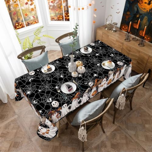 Halloween Tablecloth Rectangle 60 x 84 Inch, Washable Fabric Spiderweb Black Halloween Tablecloth Rectangular Spider Web Ghost Table Cloth Rectangle Table Cover for Kitchen Dining Party