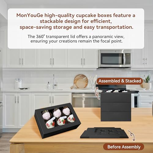 30-Set Cupcake Boxes Bulk with Clear Display Window Hold 6 Standard Cupcakes, Disposable Food Grade Black Cupcake Carrier Cupcake Container, Perfect for Cupcakes Muffins Cookies Pastries