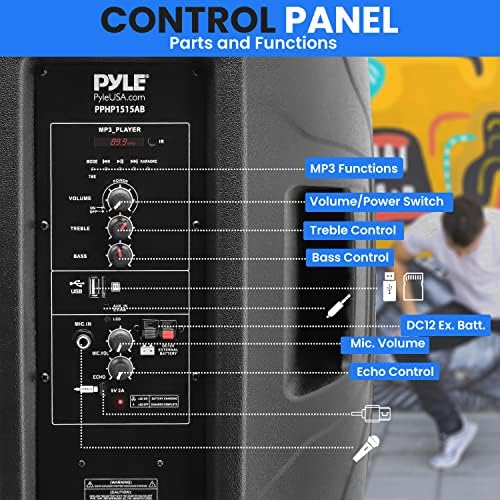 Pyle 15” Portable Bluetooth PA Speaker System - 800W Wireless Rechargeable Loudspeaker with LED Party Lights, Rolling Wheels, Built-in Amp, & Remote Control - Indoor/Outdoor Karaoke Machine (Black)