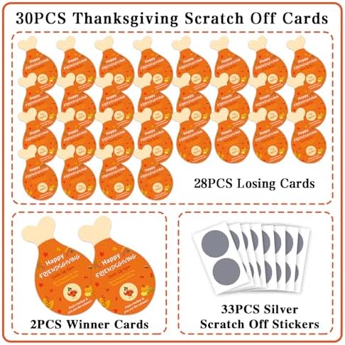 JUESMOS 30Pcs Friendsgiving Scratch off Cards Turkey Legs DIY Scratch Prize Cards Thanksgiving Party Games Fall Harvest Scratch-off Card for Friends Family Adults Fun Thanksgiving Dinner Activities