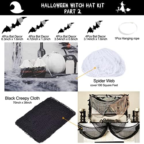 LINAYE 12Pcs Halloween Witch Hats Decorations with Spider Web,Creepy Cloth