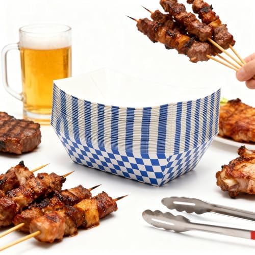 30 Pcs No Folding Required 2lb Gingham Disposable Paper Food Trays for Shower Wedding Tea Party Supplies Nacho Snack (Blue)